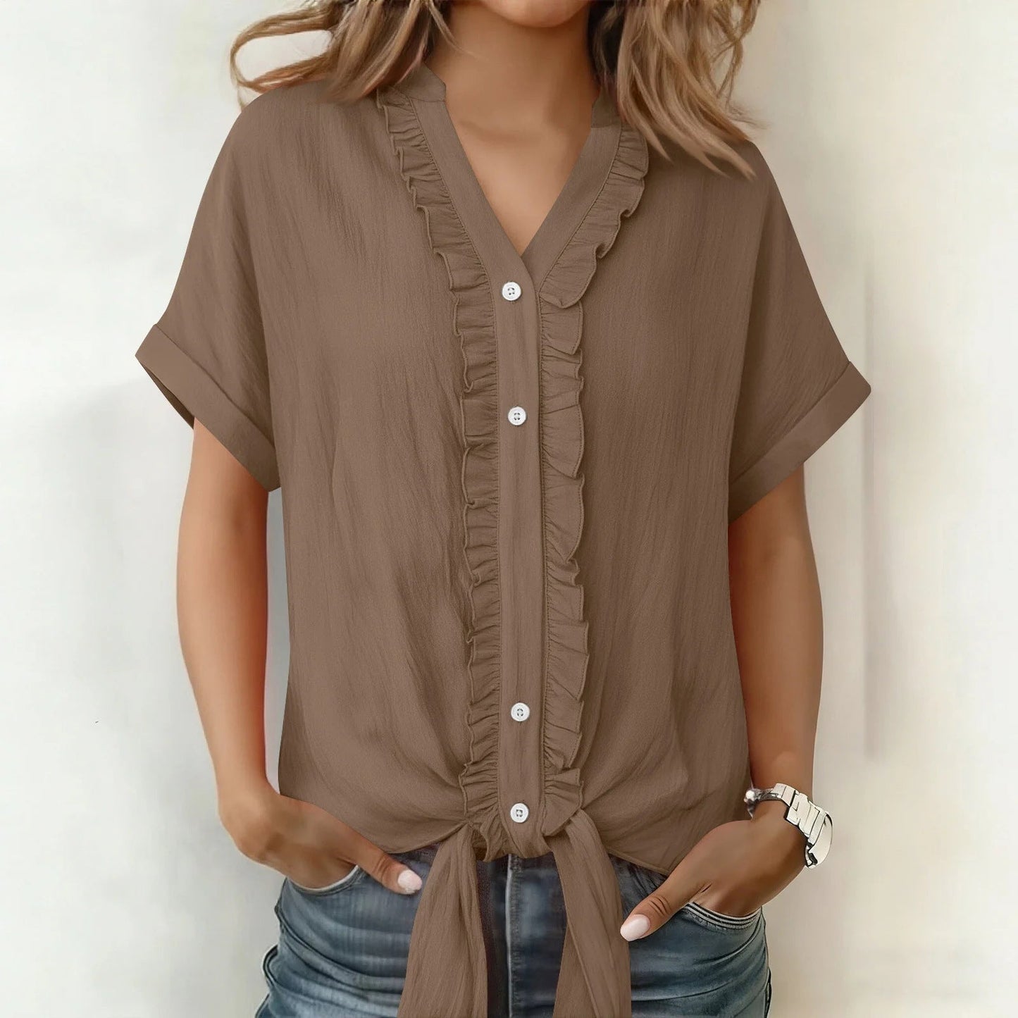 Blouse Femme Coton Col V Boutonnée Coupe Fluide