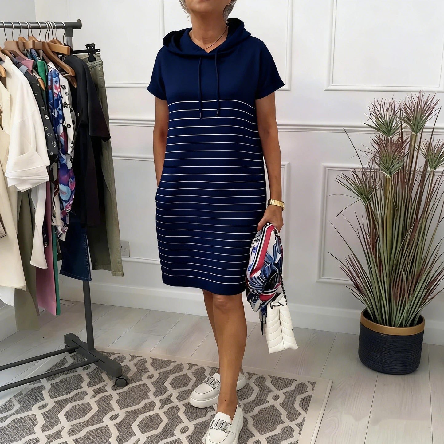 Robe Femme Coton Décontractée Manches Courtes Coupe Droite