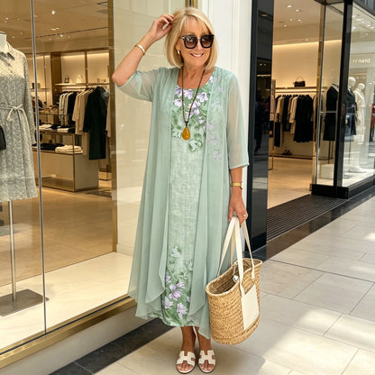 Ensemble Deux Pièces Femme Robe Midi Fluide Kimono Manches Longues