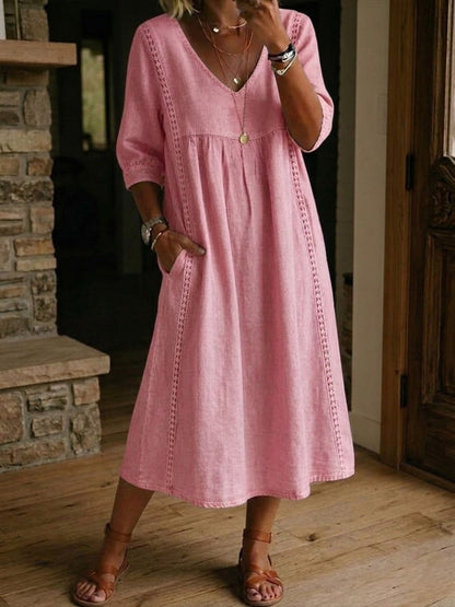 Robe Femme Coton Lin avec Dentelle Col en V