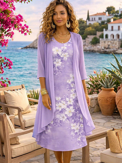 Ensemble Femme Robe Fleurie et Cardigan Léger Assorti