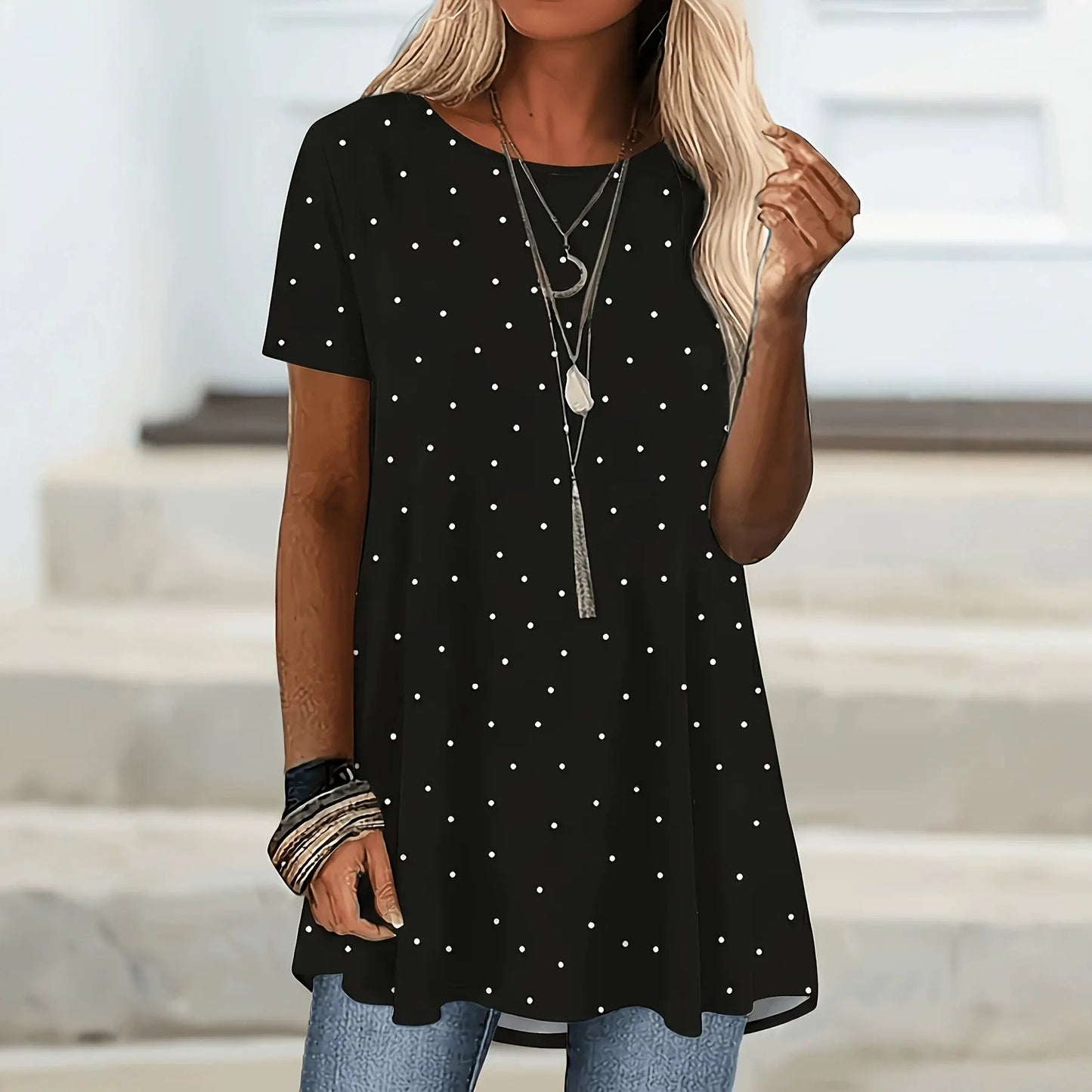 Blouse Femme Tissu Léger Manches Courtes Coupe Évasée