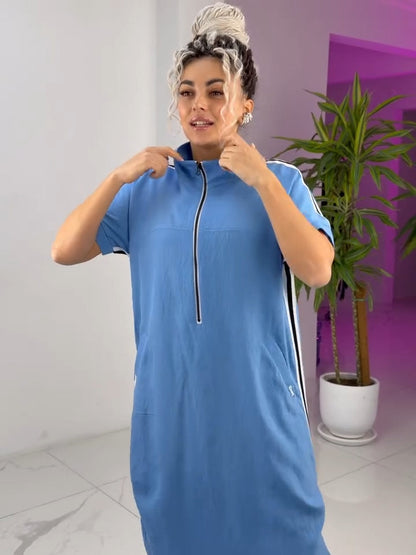 Robe Longue Femme Zippée Col Montant Coupe Fluide Sport Chic