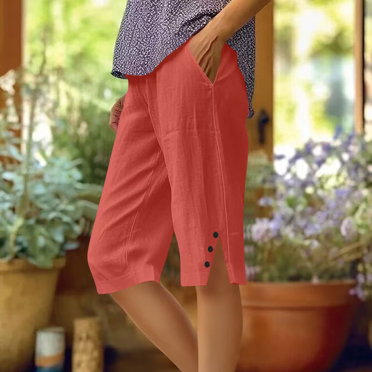 Pantalon Capri Femme Uni Poches Latérales