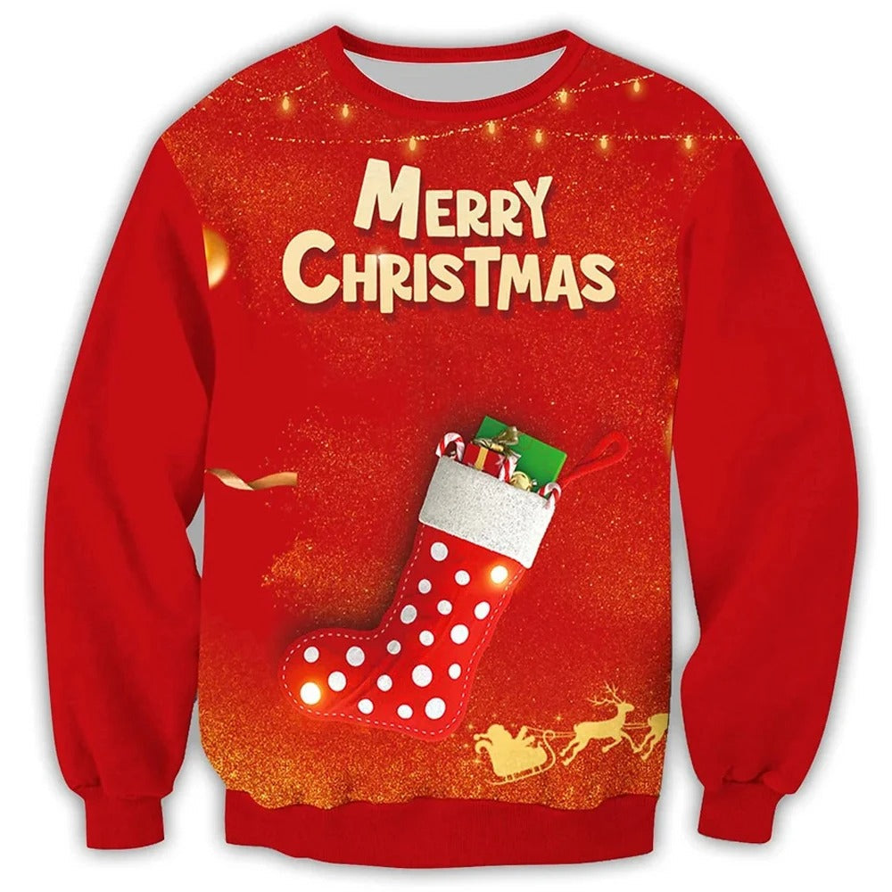 Pull de Noël Rouge Brillant avec Cerf Pour Homme et Femme