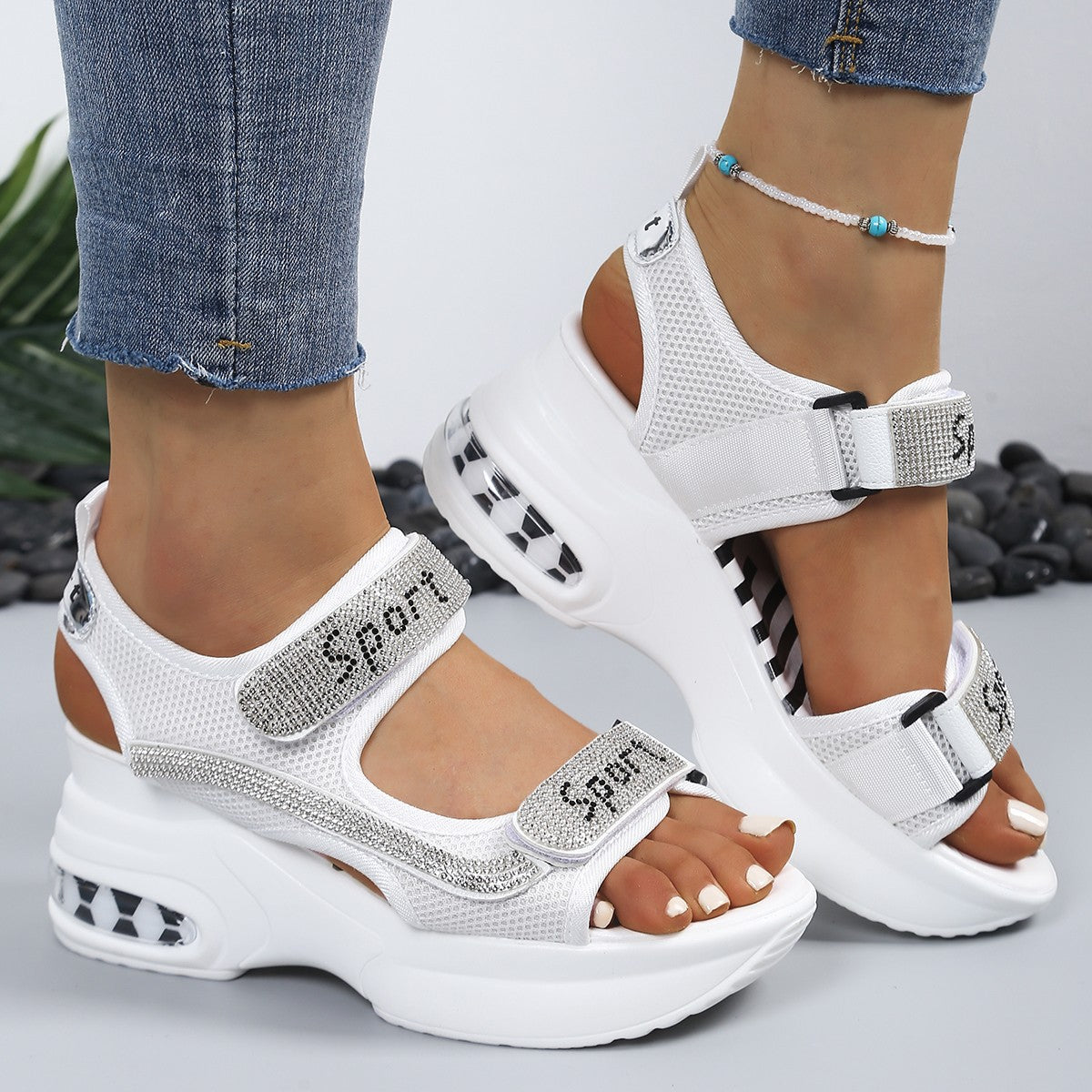 Sandales Femme Plateforme Strass Velcro Semelle Coussin Air