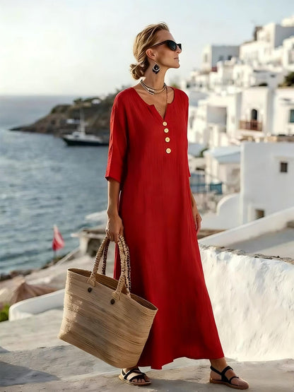 Robe Femme Coton Lin Boutonnée Manches Longues Coupe Ample