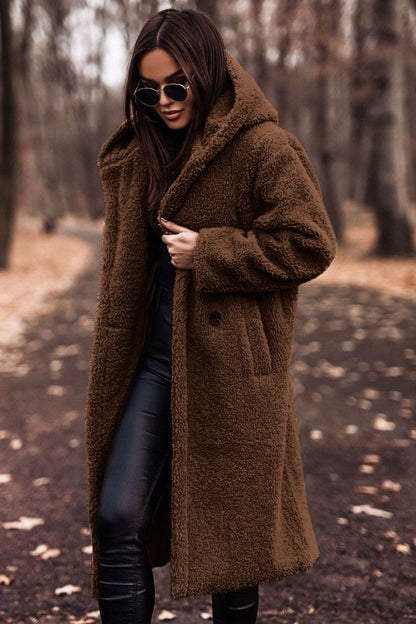 Manteau femme hiver cuir synthétique brun avec capuche
