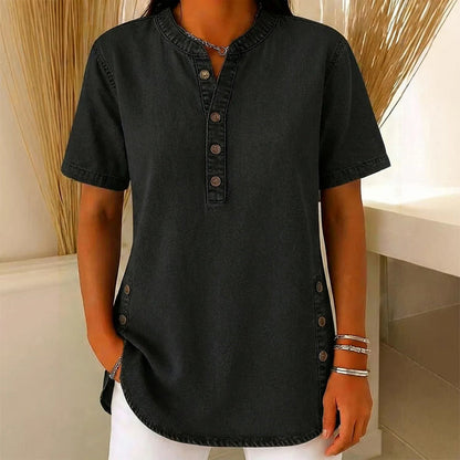 Tunique Femme Denim Léger Manches Courtes Boutons Décoratifs