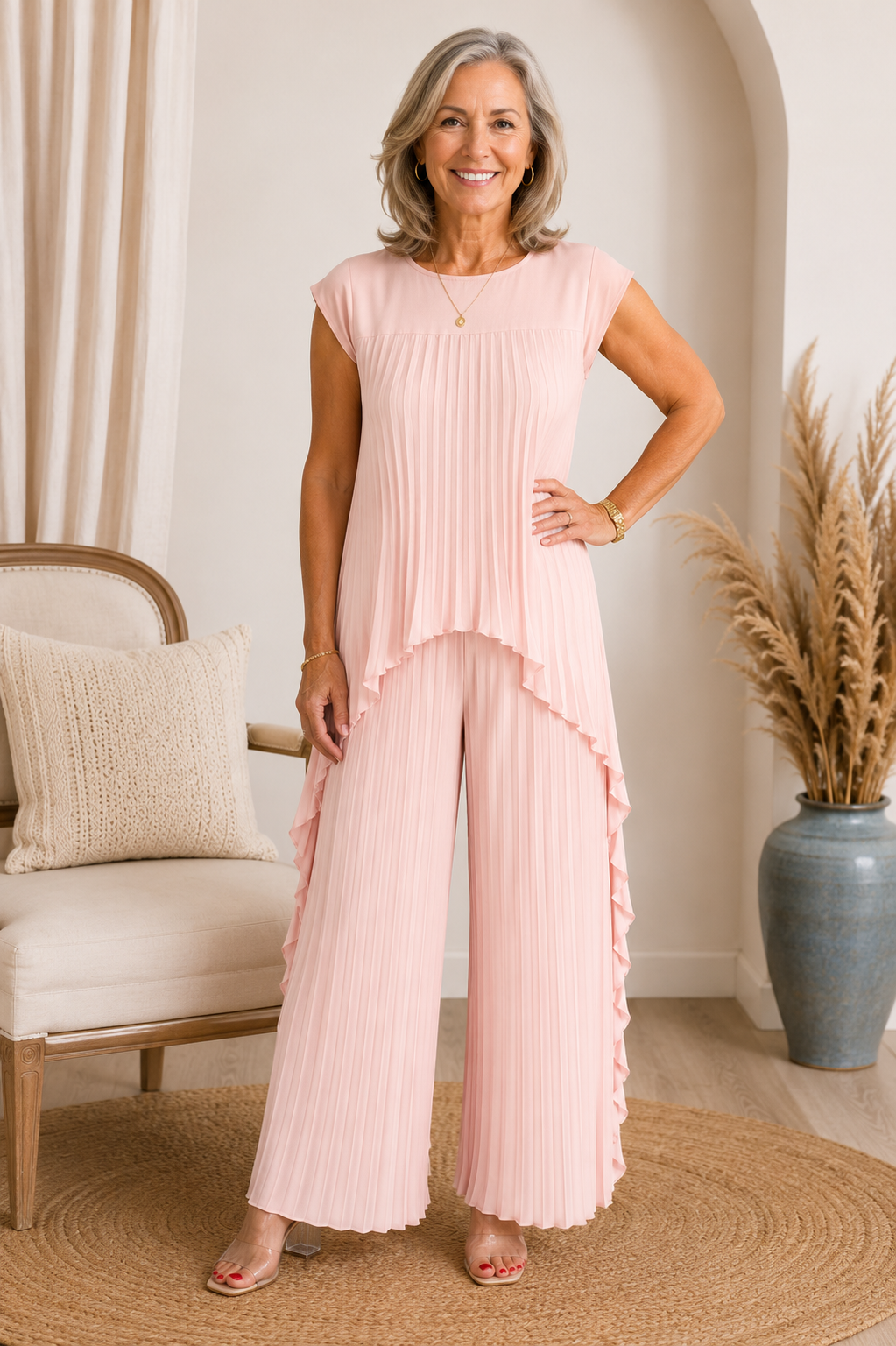 Ensemble Femme Plissé Pantalon Large Haut Asymétrique - PanierRoyale