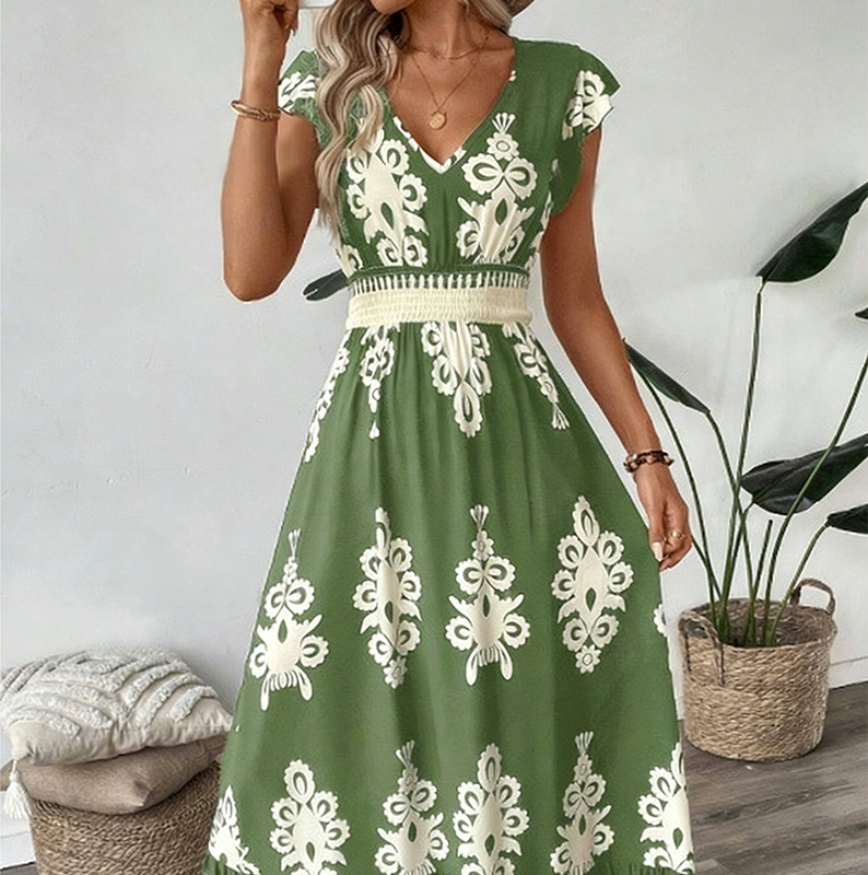 Robe longue Femme Taille smockée Imprimé baroque