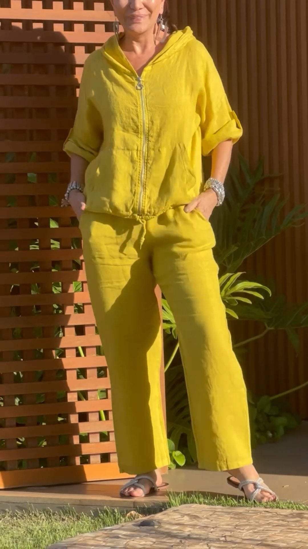 Ensemble Femme Coton Lin Capuche Zippée Coupe Ample - PanierRoyale