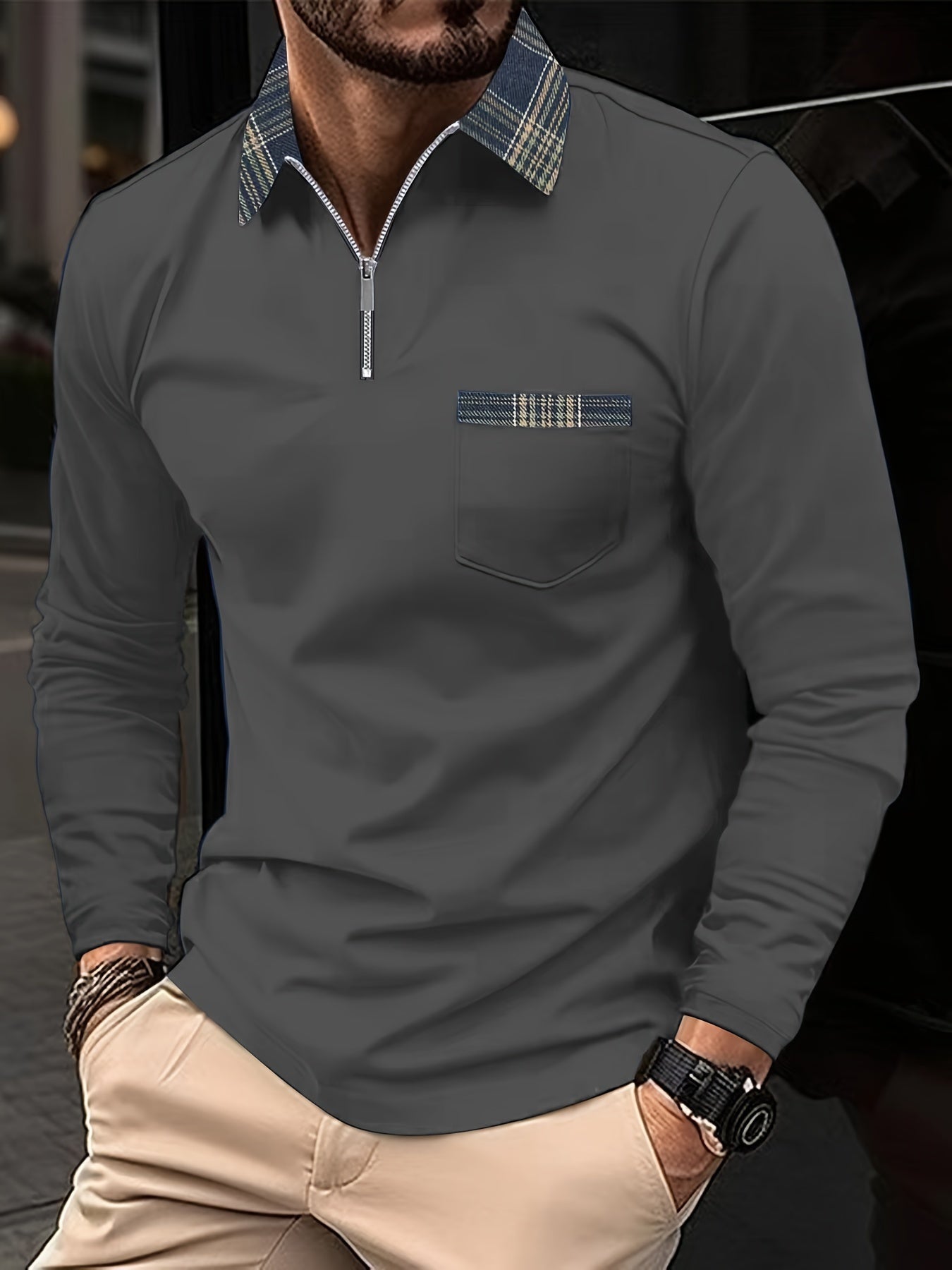 Polo Homme Manches Longues Motif Écossais Classique