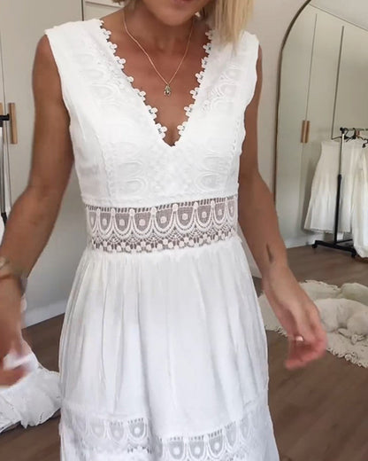 Robe Midi Femme Dentelle Col V Coupe Fluide Sans Manches
