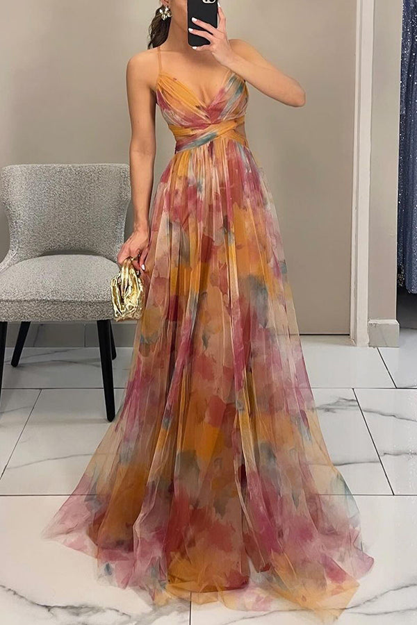 Robe Longue Femme Décolleté V Jupe Fluide Motif Abstrait