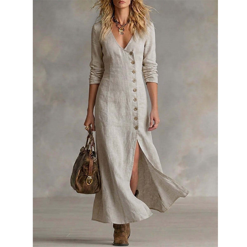Robe Chemise Femme Vintage Manches Longues Coupe Midi