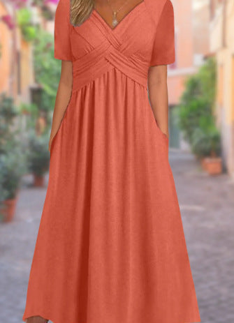 Robe longue Femme Col en V Fluide Manches Courtes Poches