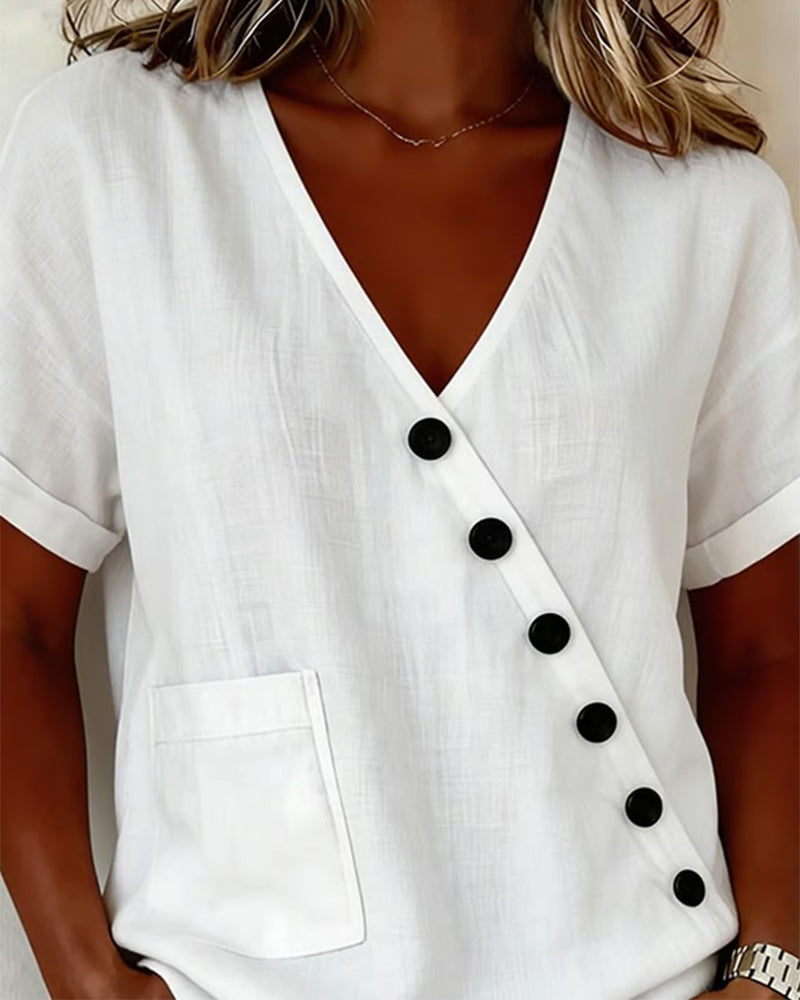 Femme Coton Décolleté en V Boutons Obliques