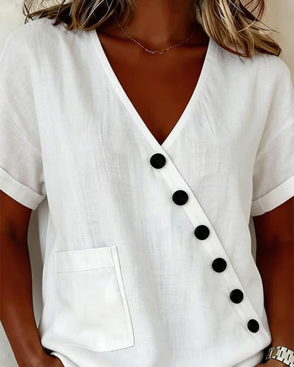 Femme Coton Décolleté en V Boutons Obliques