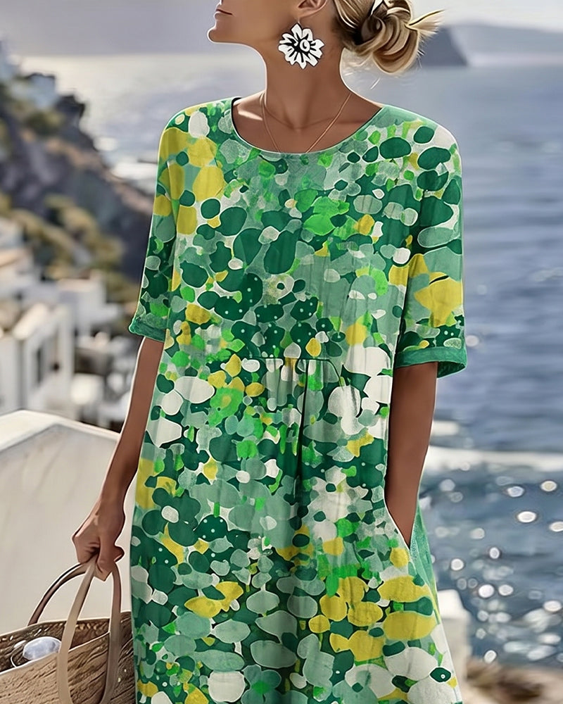 Robe Midi Femme Coton Lin Poches Manches Courtes
