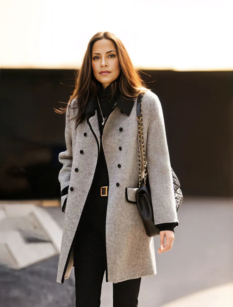 Manteau Femme Noir Double Bouton avec Col Reversible - PanierRoyale