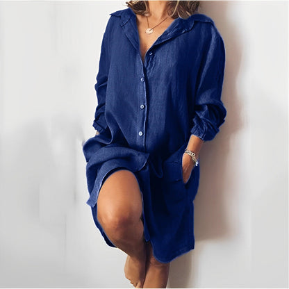 Robe Chemisier Féminine à Manches Longues et Poches Décontractée