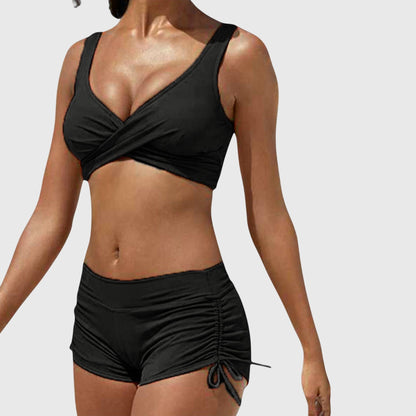 Bikini Femme Deux Pièces Crop Torsadé Short Froncé Ajustable