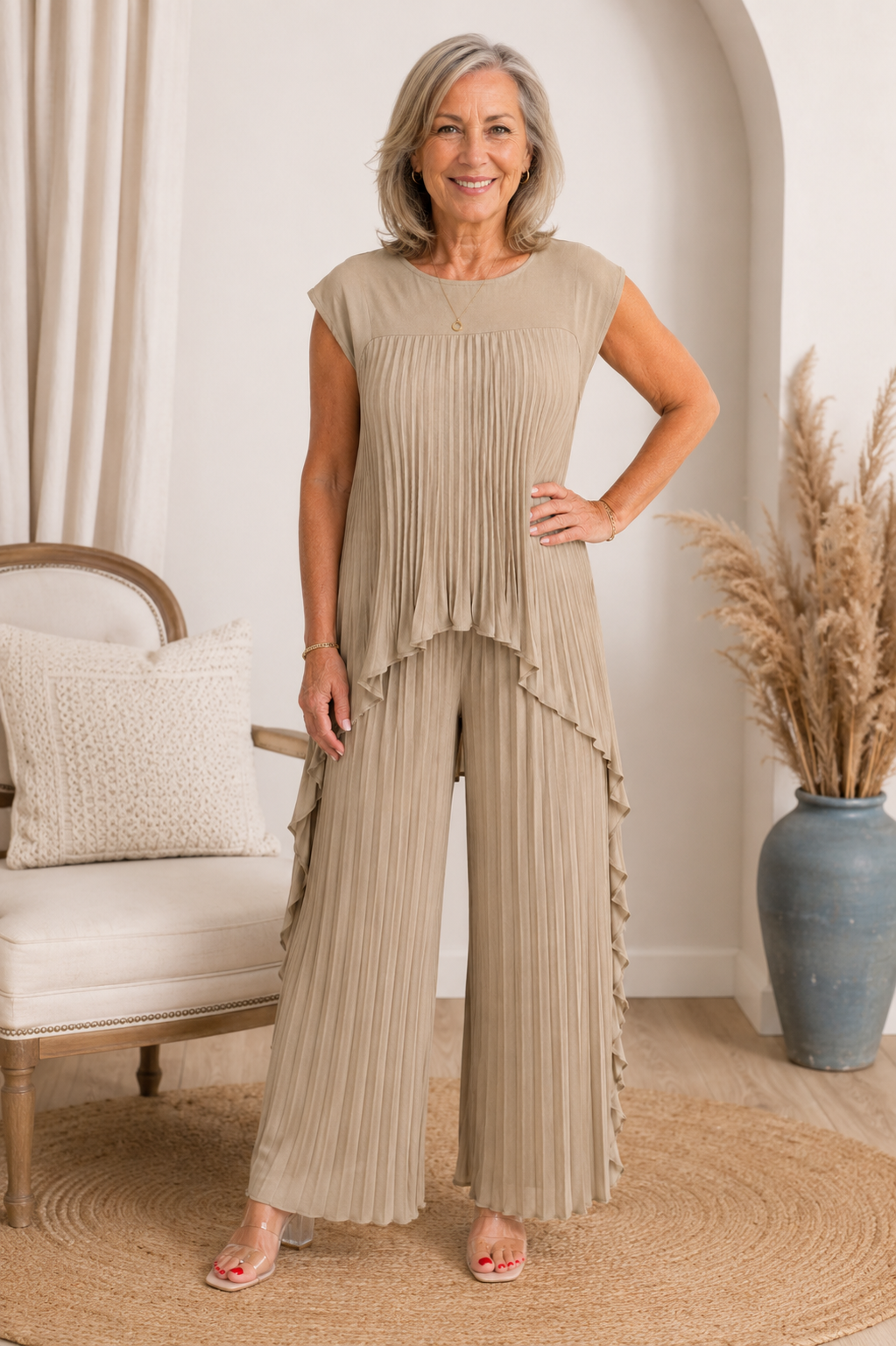 Ensemble Femme Plissé Pantalon Large Haut Asymétrique