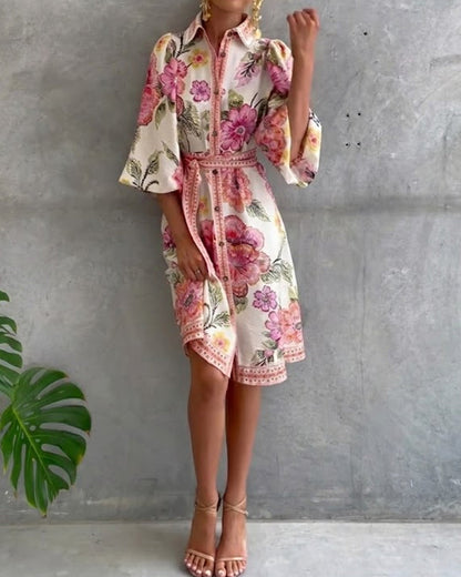 Robe Femme Imprimé Floral Manches Lanternes Boutons