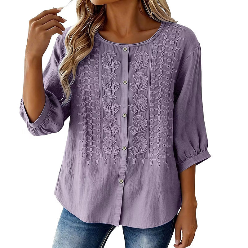 Blouse Femme Coton Lin Brodée Manches Longues