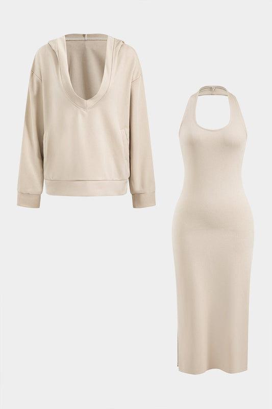 Robe Bodycon Mi-Longue avec Pull Capuche Assorti - BerlinGlamour