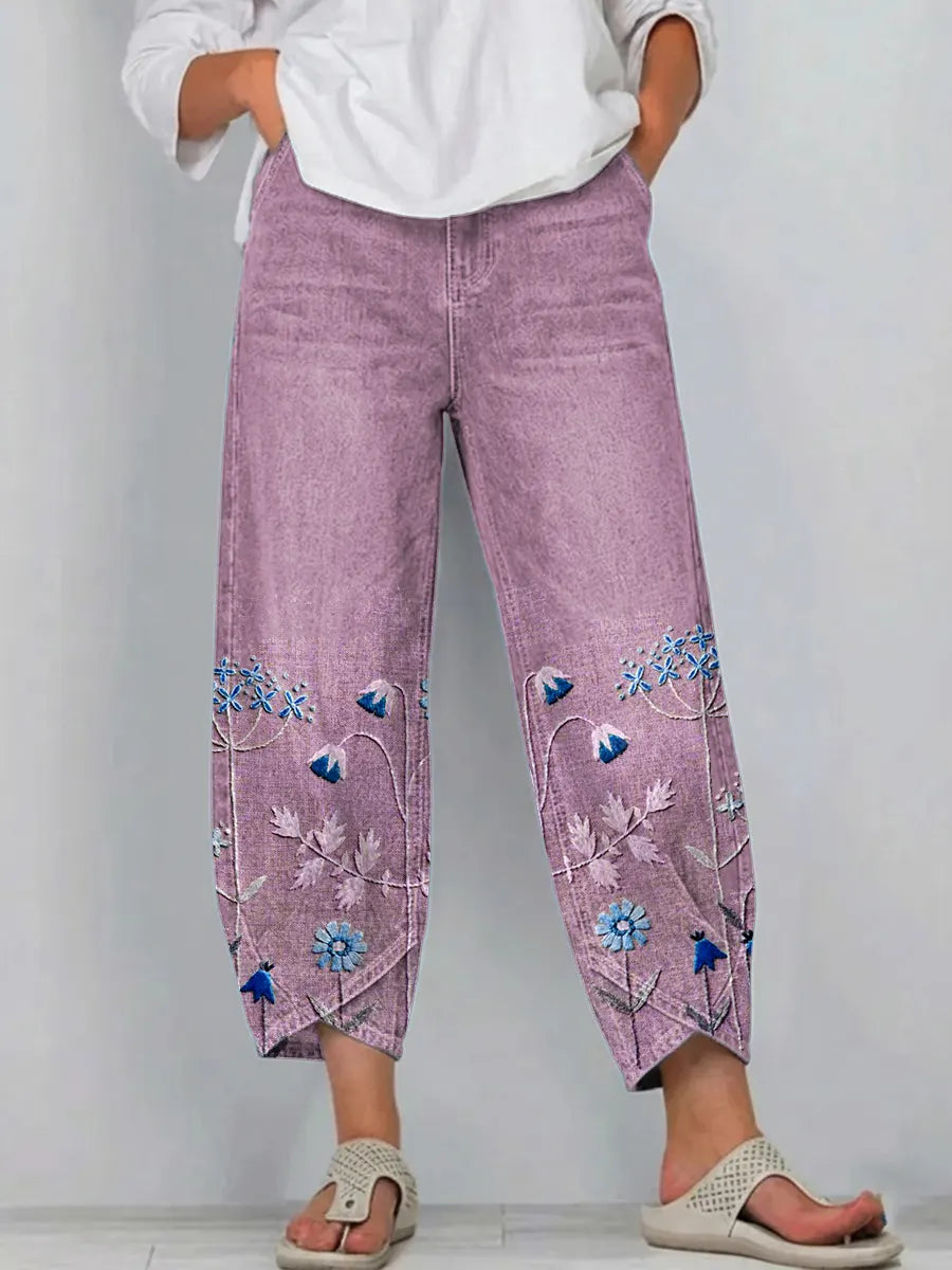Pantalon Denim Femme Broderie Florale Coupe Droite Style Boho