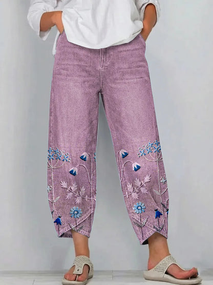 Pantalon Denim Femme Broderie Florale Coupe Droite Style Boho