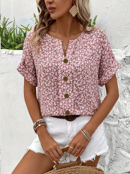 Blouse Été Fleuri Décontractée à Boutons