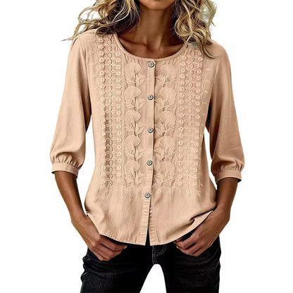 Blouse Femme Coton Lin Brodée Manches Longues