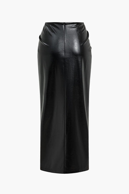 Jupe Mi-Longue Élégante en Cuir Imitation avec Fente Élevée