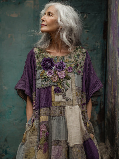 Robe Femme Patchwork Coton Coupe Ample Style Artistique - PanierRoyale