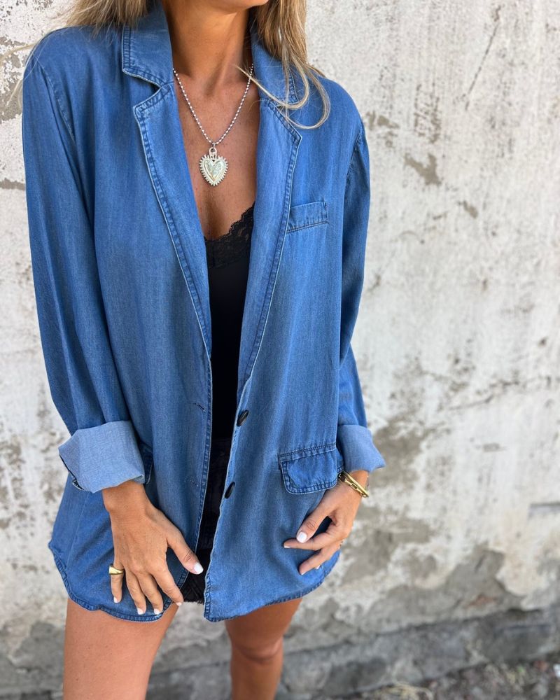 Blazer Jean Décontracté avec Poches Côte à Côte - PanierRoyale