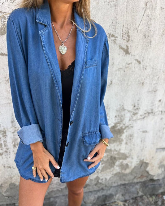 Blazer Jean Décontracté avec Poches Côte à Côte - PanierRoyale