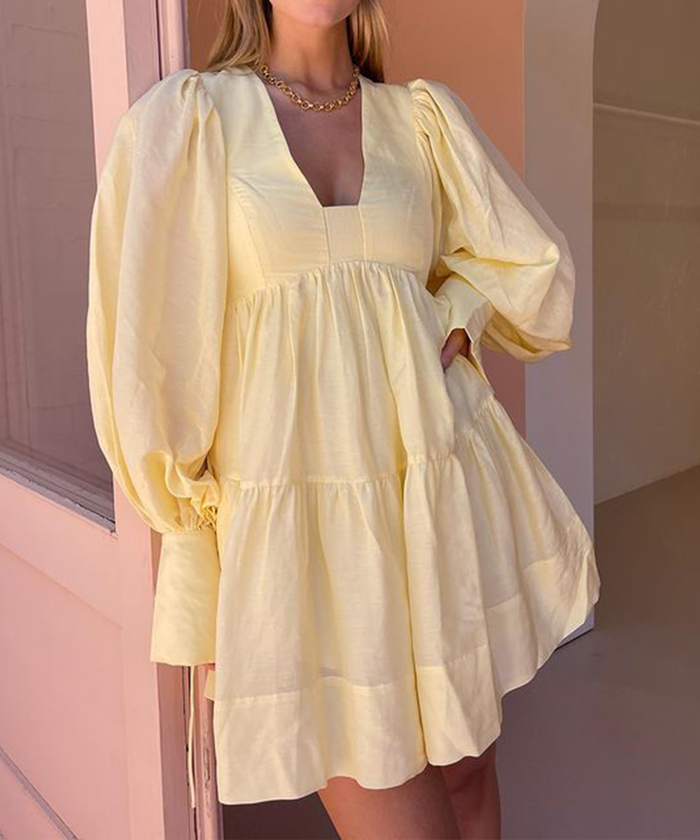 Robe Été Courte en Dentelle Jaune Citron - PanierRoyale