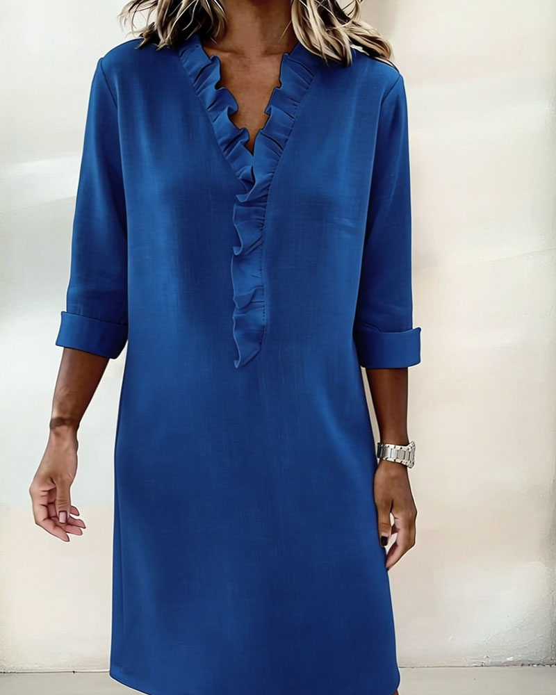 Robe Femme Col en V Volants Coupe Droite Décontractée