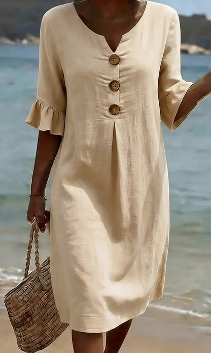 Robe Femme Coton Lin Boutonnée Manches Volantées Estivale