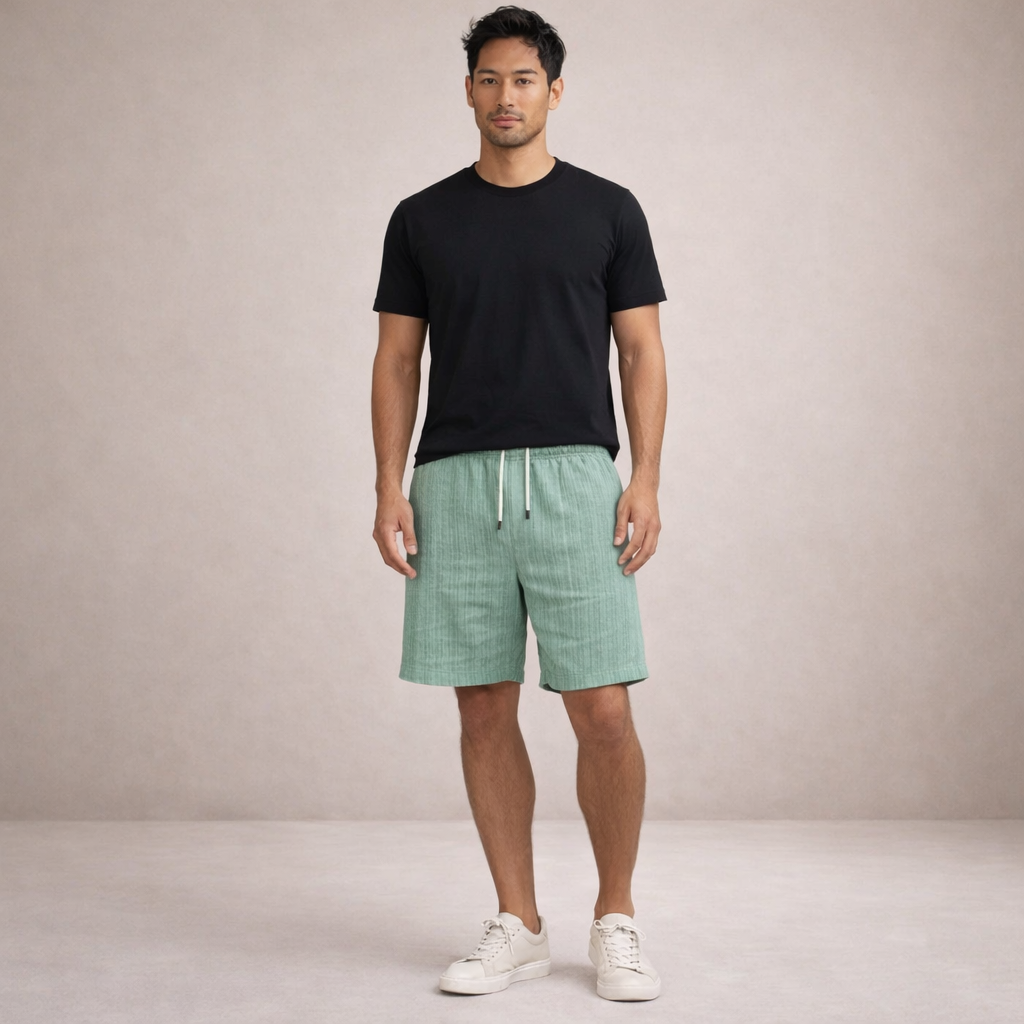 Short Homme Lin Mélangé Taille Cordon Coupe Décontractée