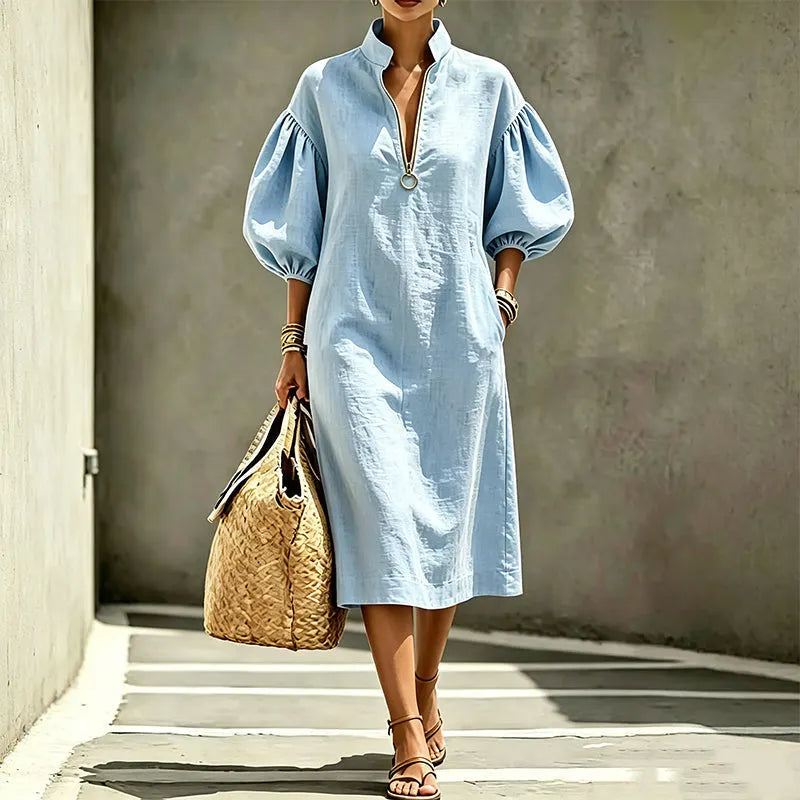 Robe Femme Fluide Manches Bouffantes Col Zippé - PanierRoyale