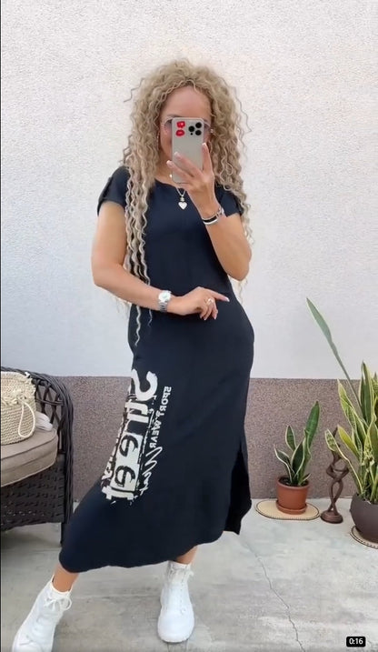 Robe Femme Coupe Ample Col Rond Imprimé Lettres Fente