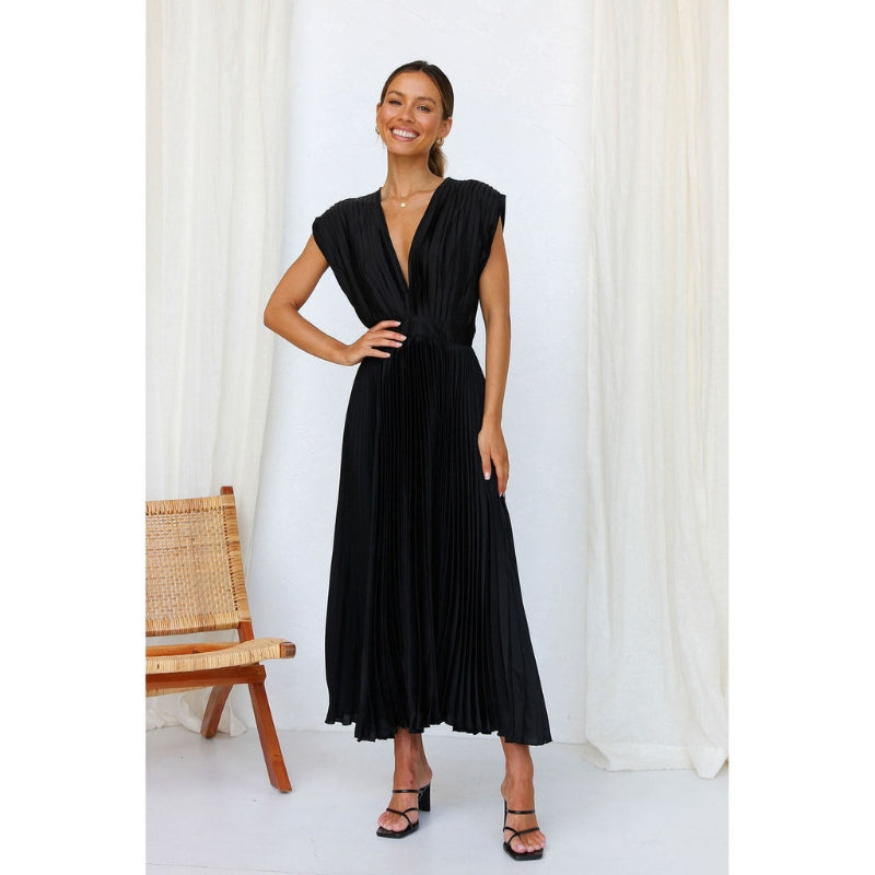 Robe Plissée Midi Élégante avec Décolleté Profond