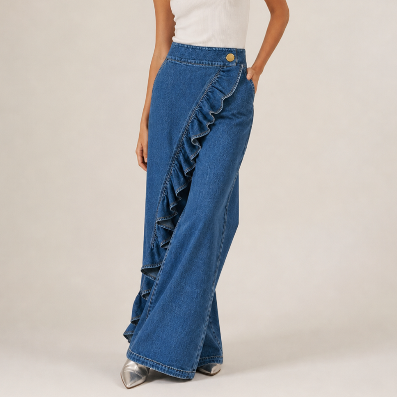 Pantalon Large Femme Denim Volants Asymétriques