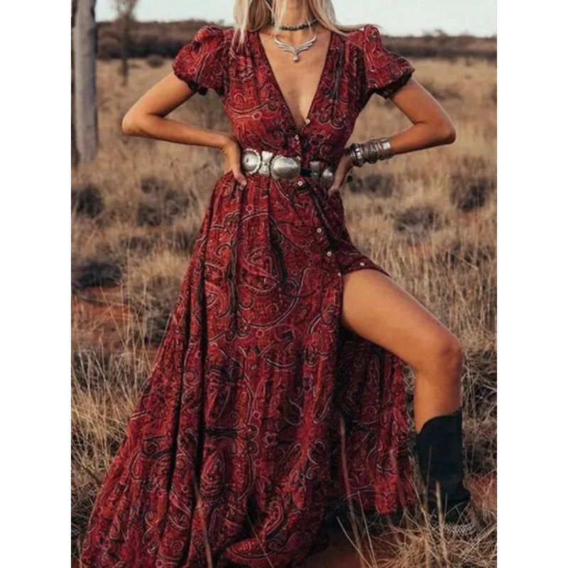 Robe Bohème Longue à Décolleté Plongeant