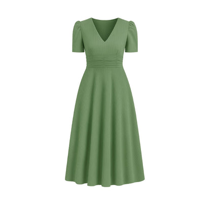 Robe Chic Mi-Longue Col V Manches Bouffantes Femmes