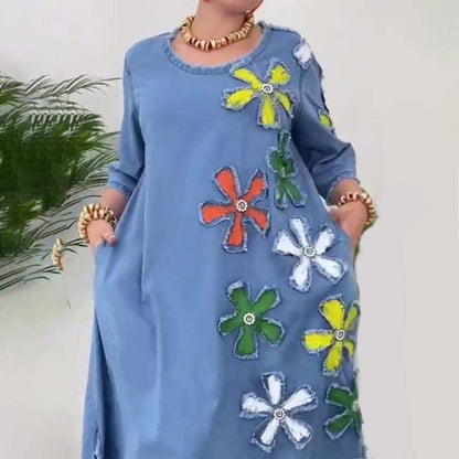 Robe Femme Coupe Ample Col Rond Décontractée Imprimé Floral